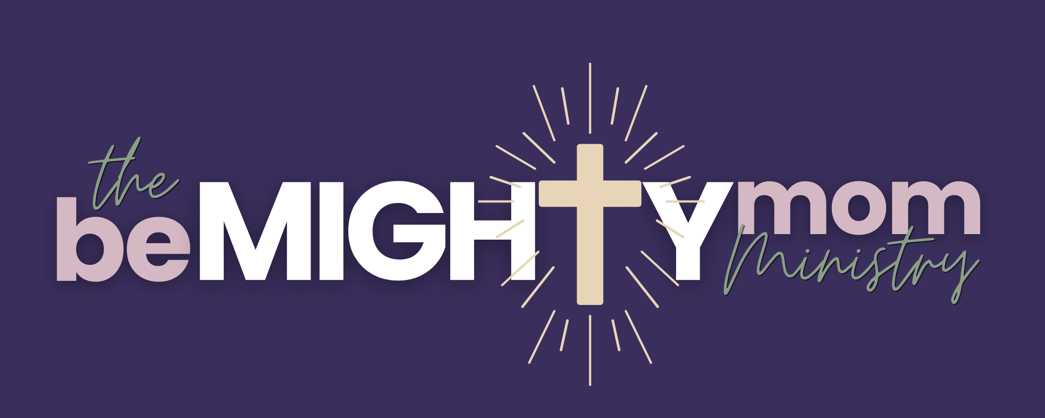 Be Mighty Mom Ministry logo with purple background and cross symbol.